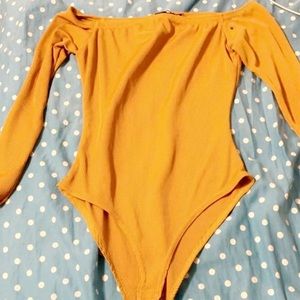 off the shoulder jumbo rib yellow body suit